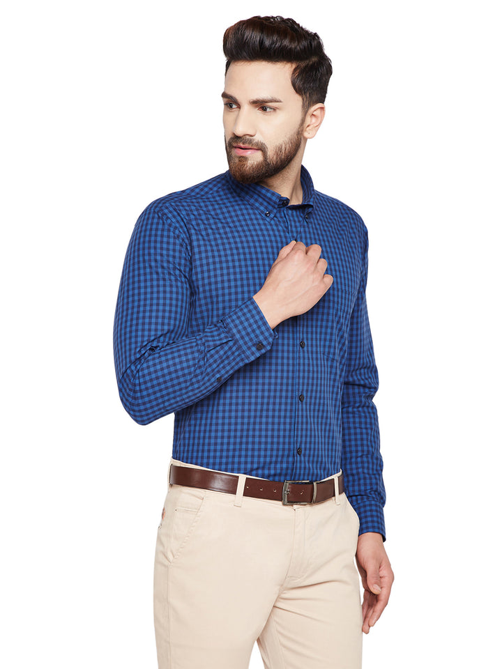 Men Navy Blue & Blue Checks Slim Fit Pure Cotton Formal Shirt