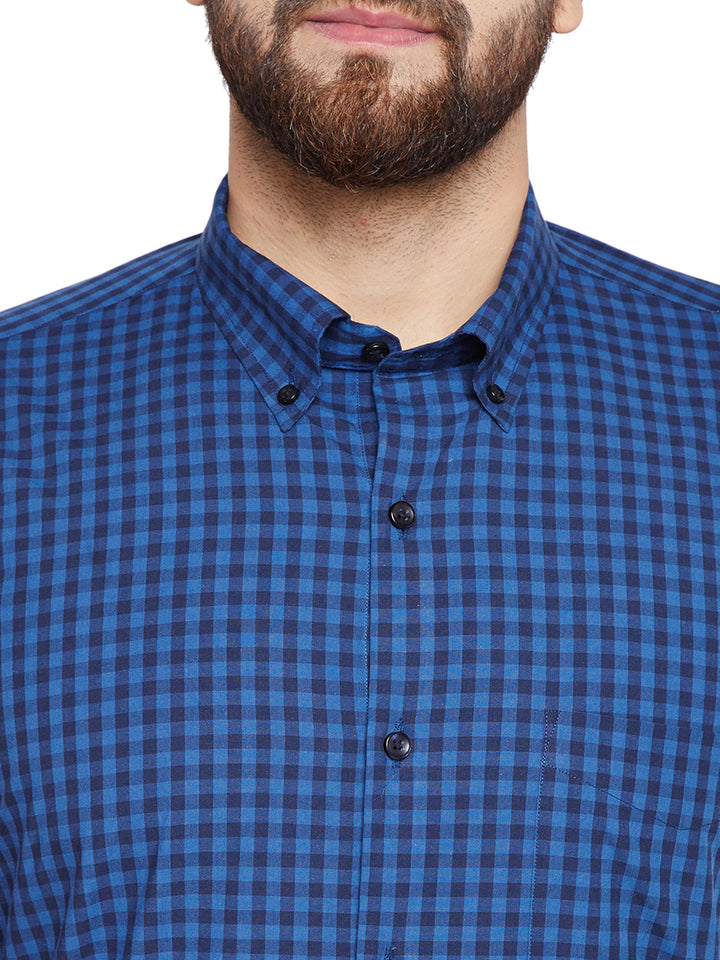 Men Navy Blue & Blue Checks Slim Fit Pure Cotton Formal Shirt