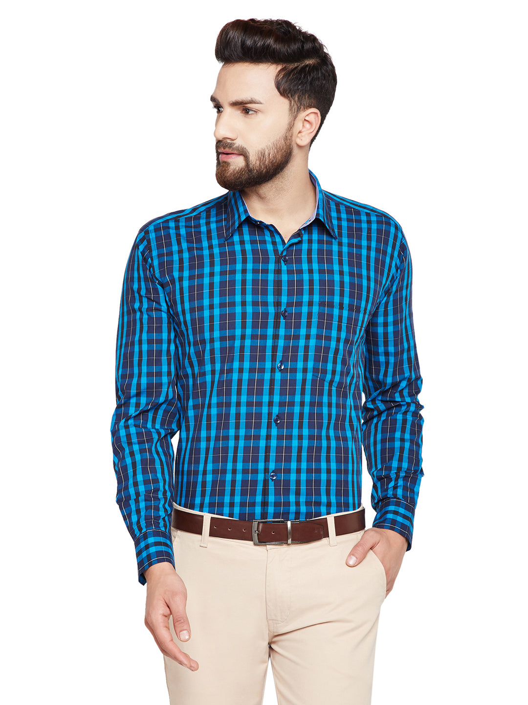 Men Blue & Navy Blue Checks Slim Fit Pure Cotton Formal Shirt