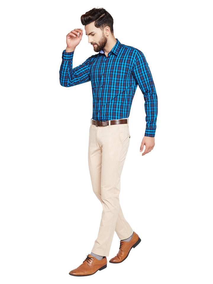 Men Blue & Navy Blue Checks Slim Fit Pure Cotton Formal Shirt