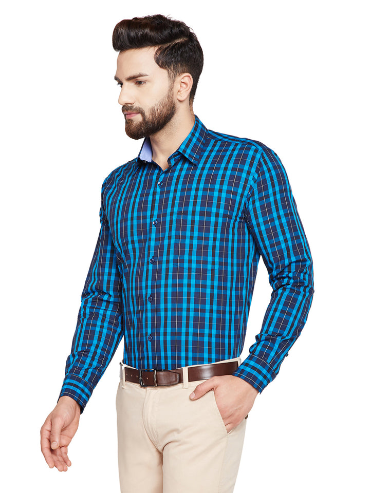 Men Blue & Navy Blue Checks Slim Fit Pure Cotton Formal Shirt