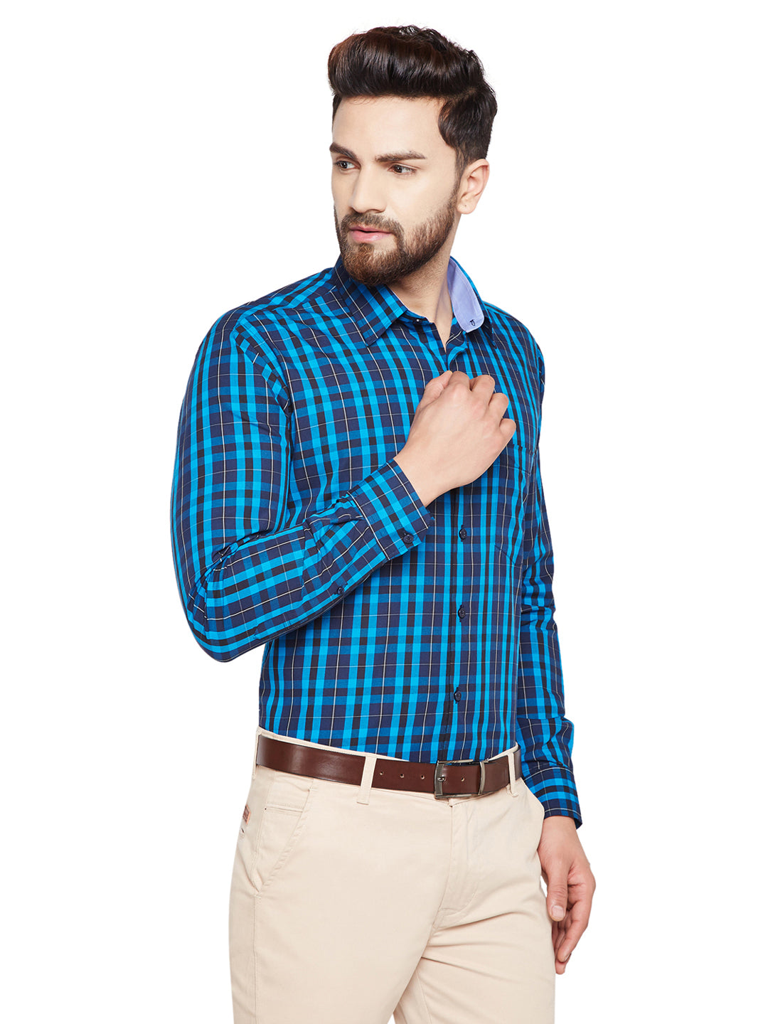 Men Blue & Navy Blue Checks Slim Fit Pure Cotton Formal Shirt