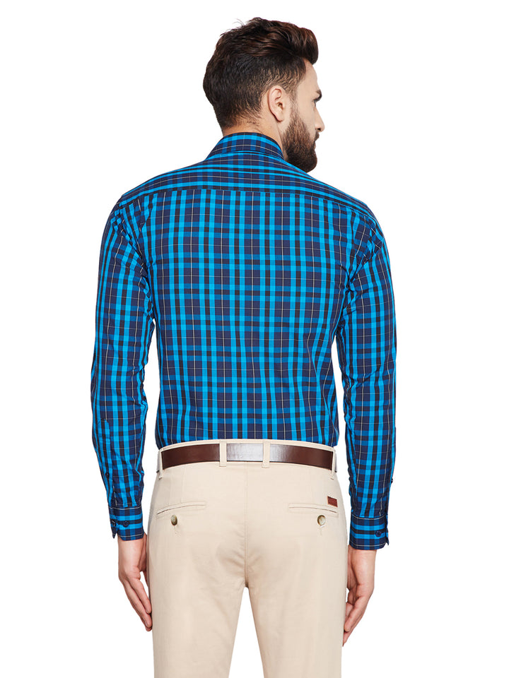 Men Blue & Navy Blue Checks Slim Fit Pure Cotton Formal Shirt