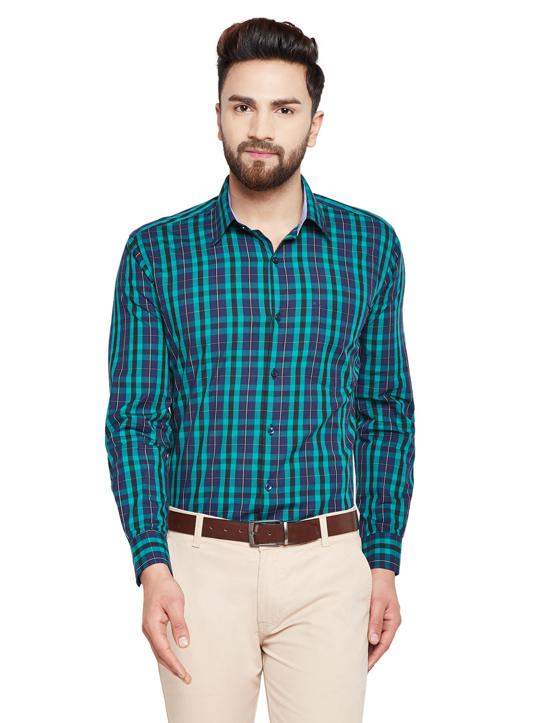 Men Green & Navy Blue Checks Slim Fit Pure Cotton Formal Shirt