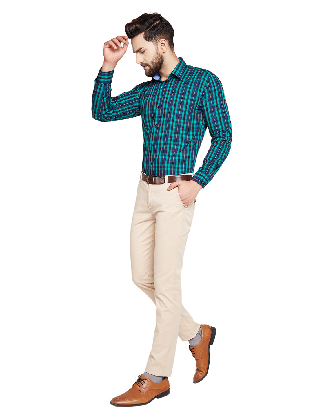 Men Green & Navy Blue Checks Slim Fit Pure Cotton Formal Shirt