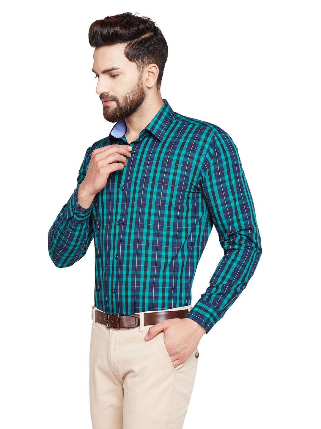 Men Green & Navy Blue Checks Slim Fit Pure Cotton Formal Shirt