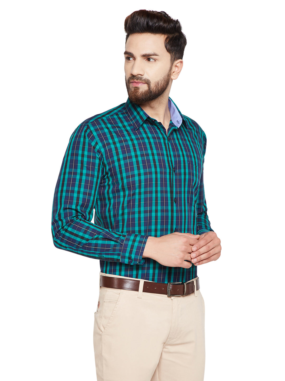 Men Green & Navy Blue Checks Slim Fit Pure Cotton Formal Shirt