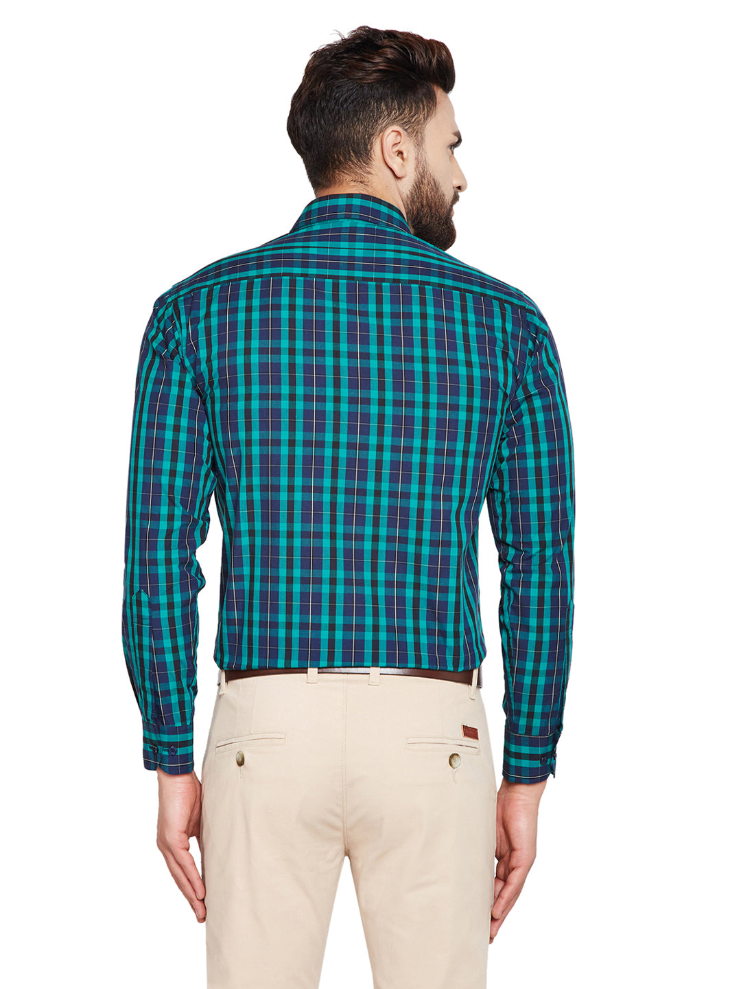 Men Green & Navy Blue Checks Slim Fit Pure Cotton Formal Shirt