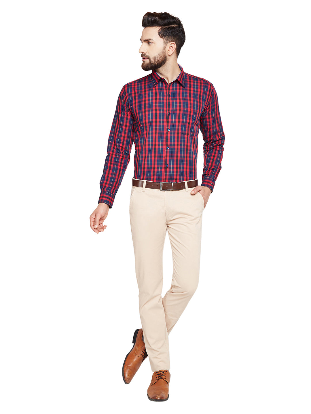 Men Red & Navy Blue Checks Slim Fit Pure Cotton Formal Shirt