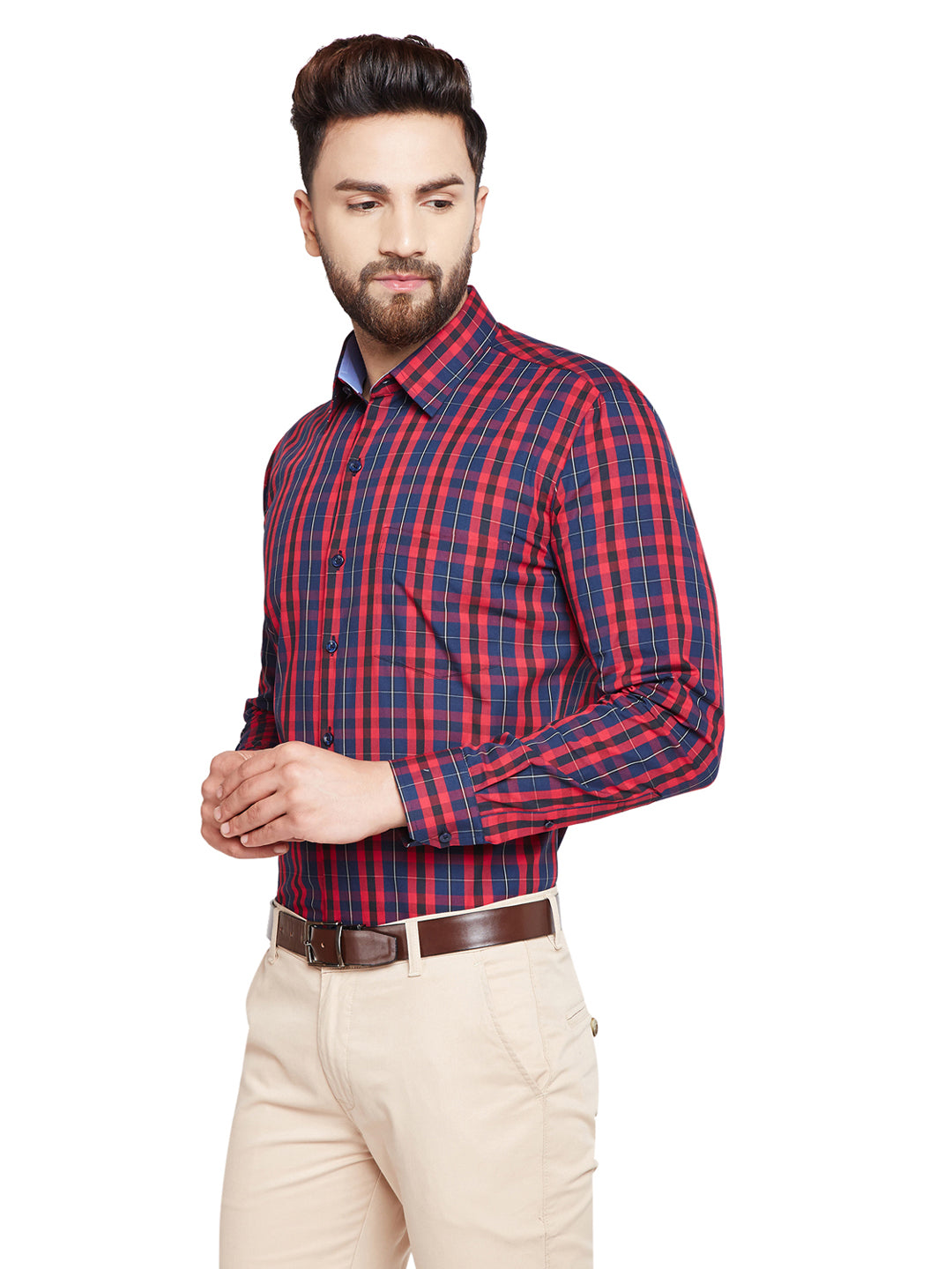 Men Red & Navy Blue Checks Slim Fit Pure Cotton Formal Shirt