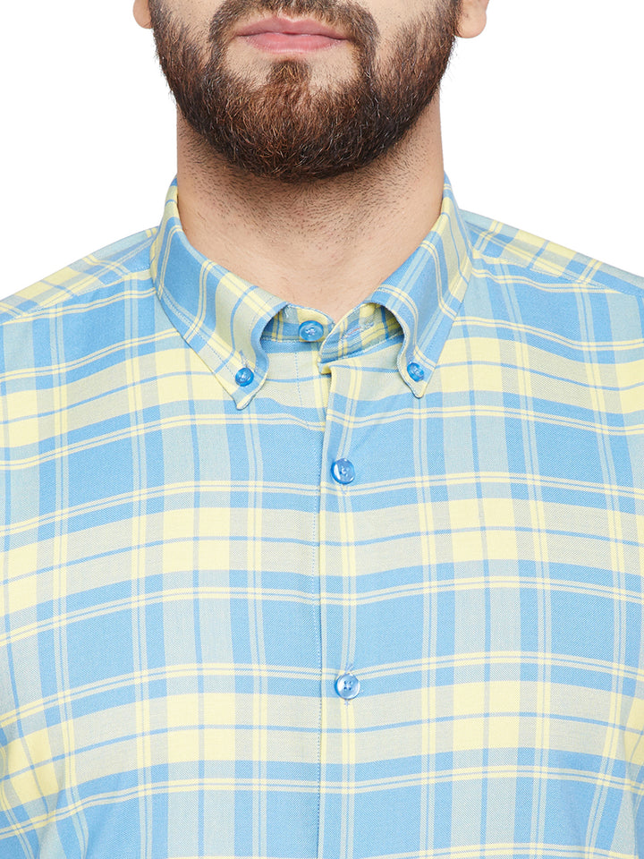 Men Yellow & Blue Checks Slim Fit Pure Cotton Formal Shirt