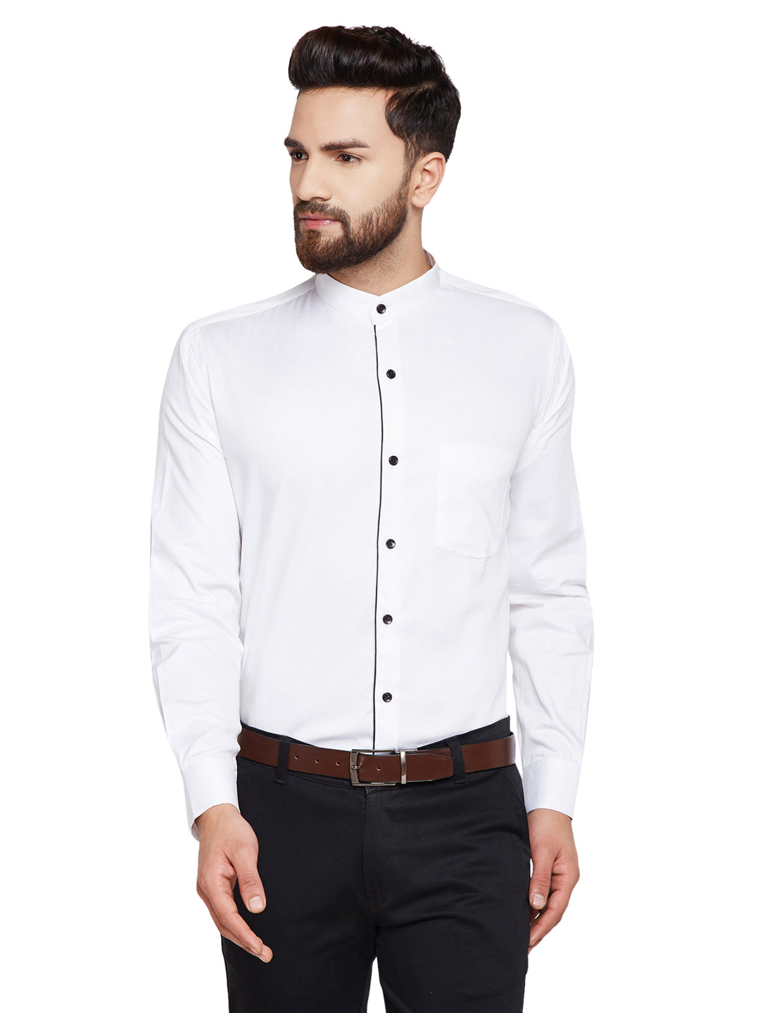 Men White Solid Mandarin Collar Slim Fit Pure Cotton Formal Shirt