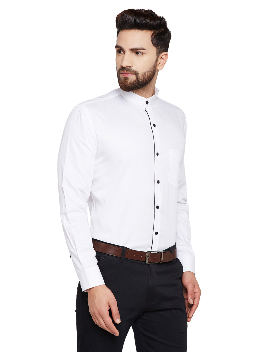 Men White Solid Mandarin Collar Slim Fit Pure Cotton Formal Shirt