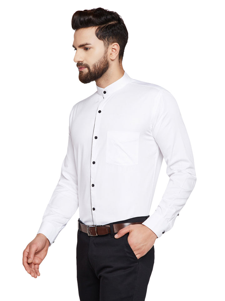 Men White Solid Mandarin Collar Slim Fit Pure Cotton Formal Shirt