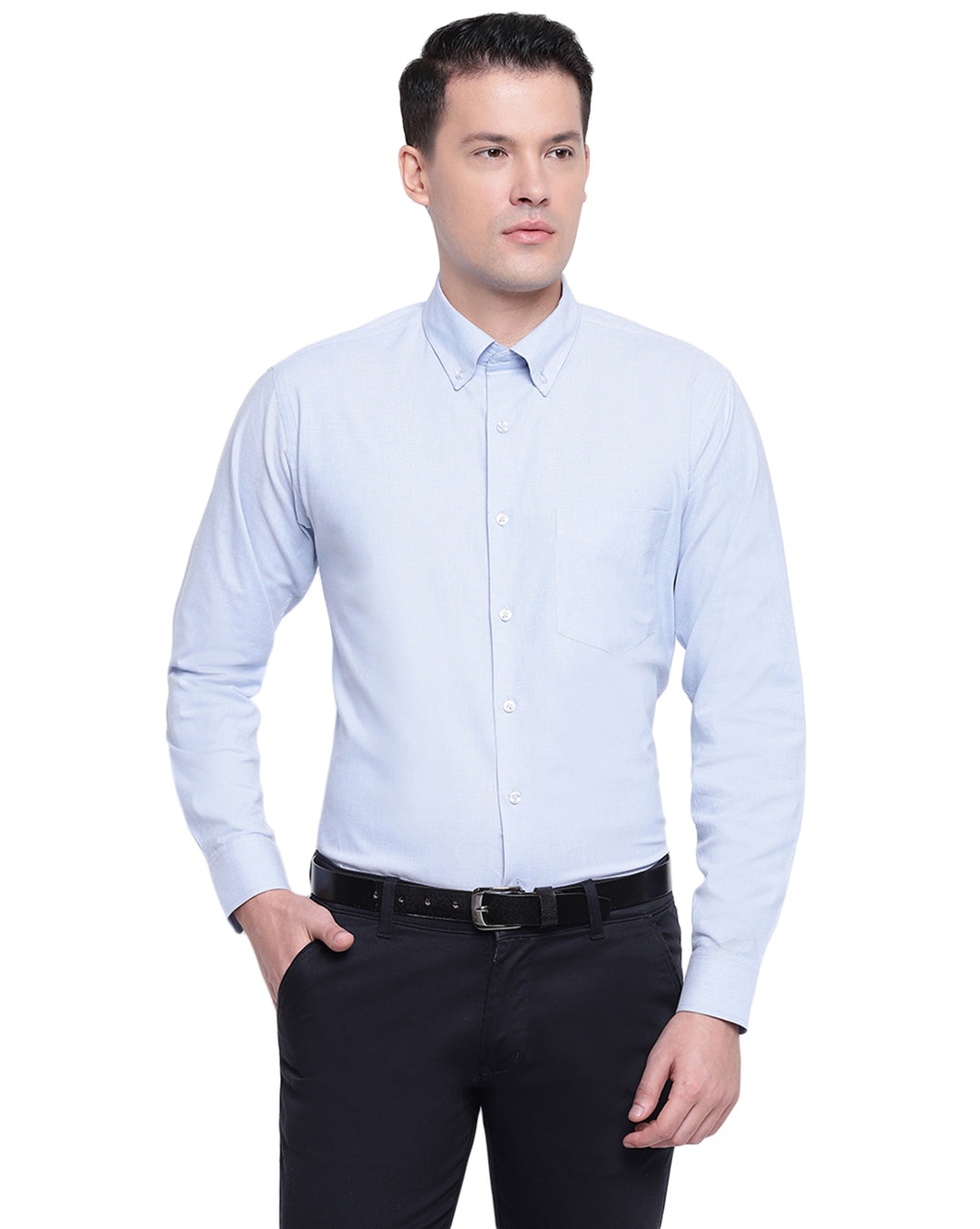 Men Blue Pure Cotton Solid Button Down Slim Fit Formal Shirt