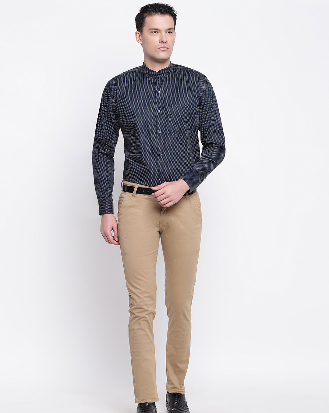 Men Navy Pure Cotton Printed Mandarin Collar Slim Fit Formal Shirt
