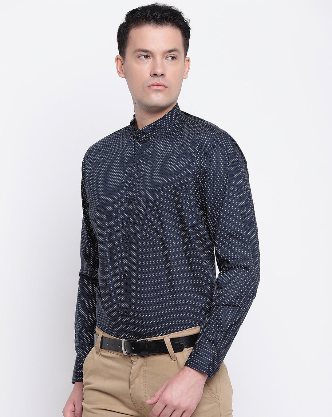 Men Navy Pure Cotton Printed Mandarin Collar Slim Fit Formal Shirt