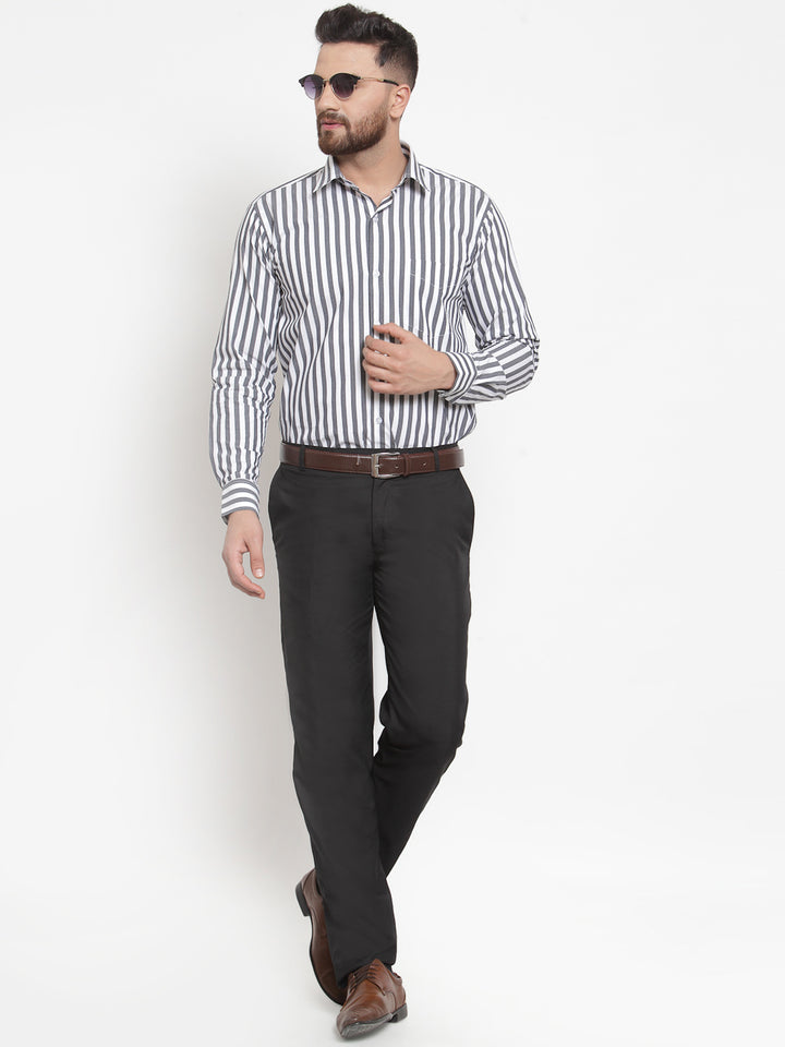 Men Grey & White Pure Cotton Striped Slim Fit Formal Shirt