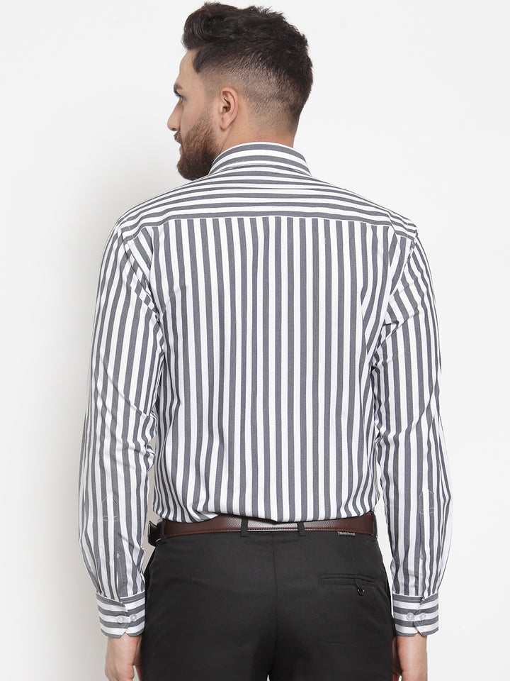 Men Grey & White Pure Cotton Striped Slim Fit Formal Shirt