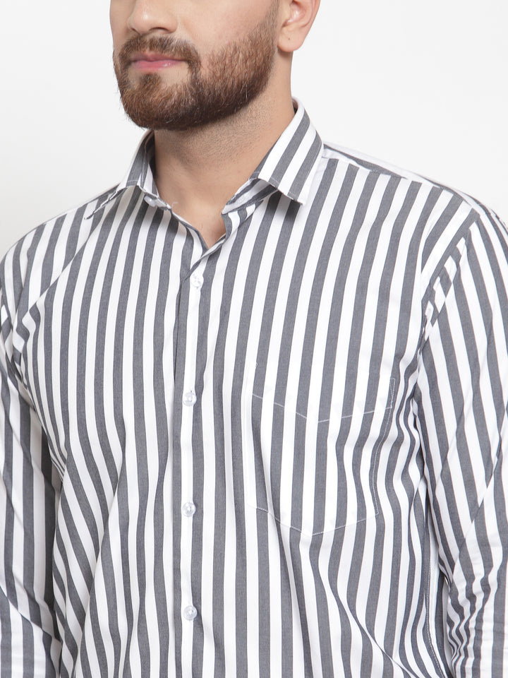 Men Grey & White Pure Cotton Striped Slim Fit Formal Shirt