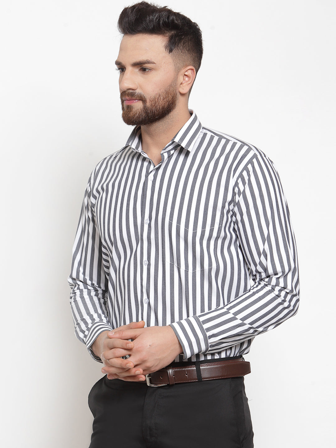 Men Grey & White Pure Cotton Striped Slim Fit Formal Shirt
