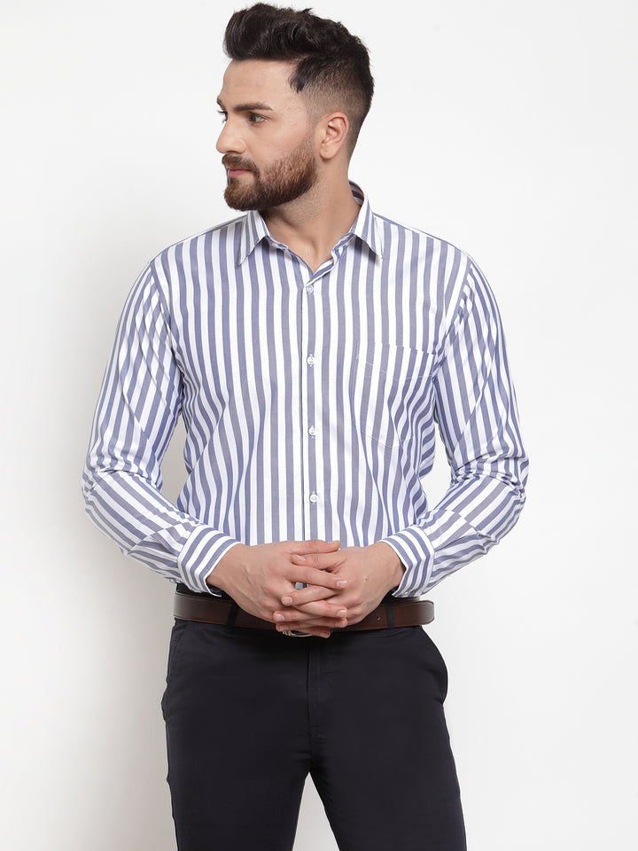 Men White & Blue Pure Cotton Striped Slim Fit Formal Shirt