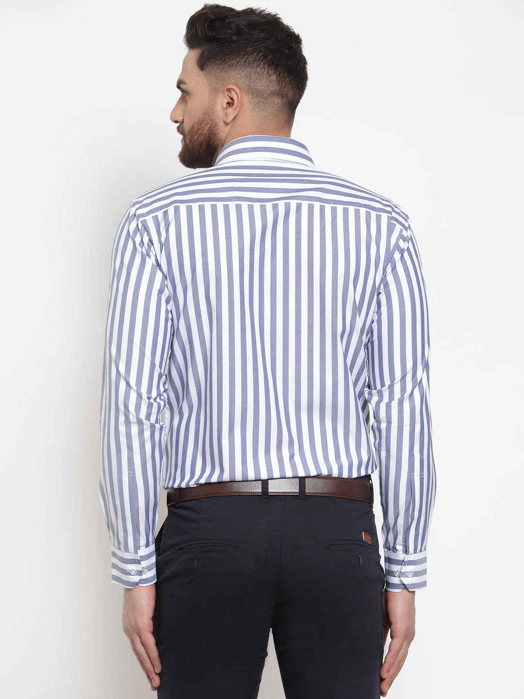 Men White & Blue Pure Cotton Striped Slim Fit Formal Shirt