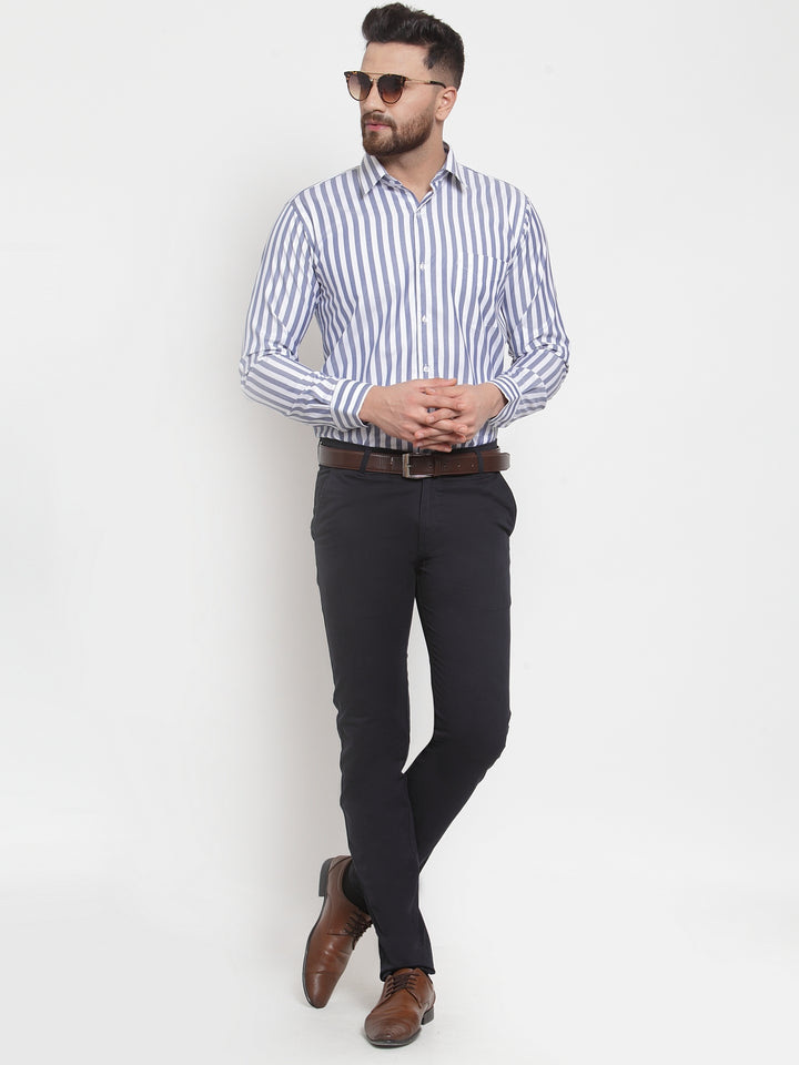 Men White & Blue Pure Cotton Striped Slim Fit Formal Shirt