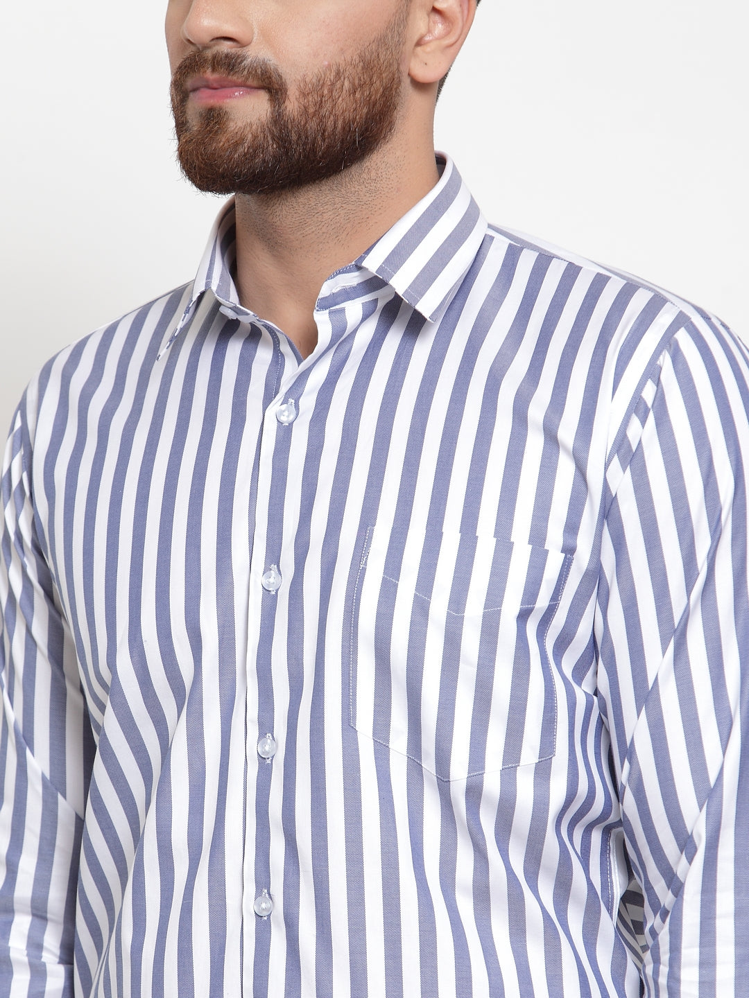 Men White & Blue Pure Cotton Striped Slim Fit Formal Shirt