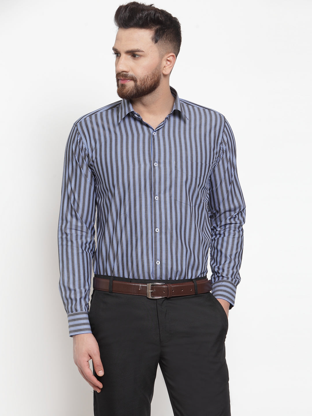 Men Grey & Blue Pure Cotton Striped Slim Fit Formal Shirt
