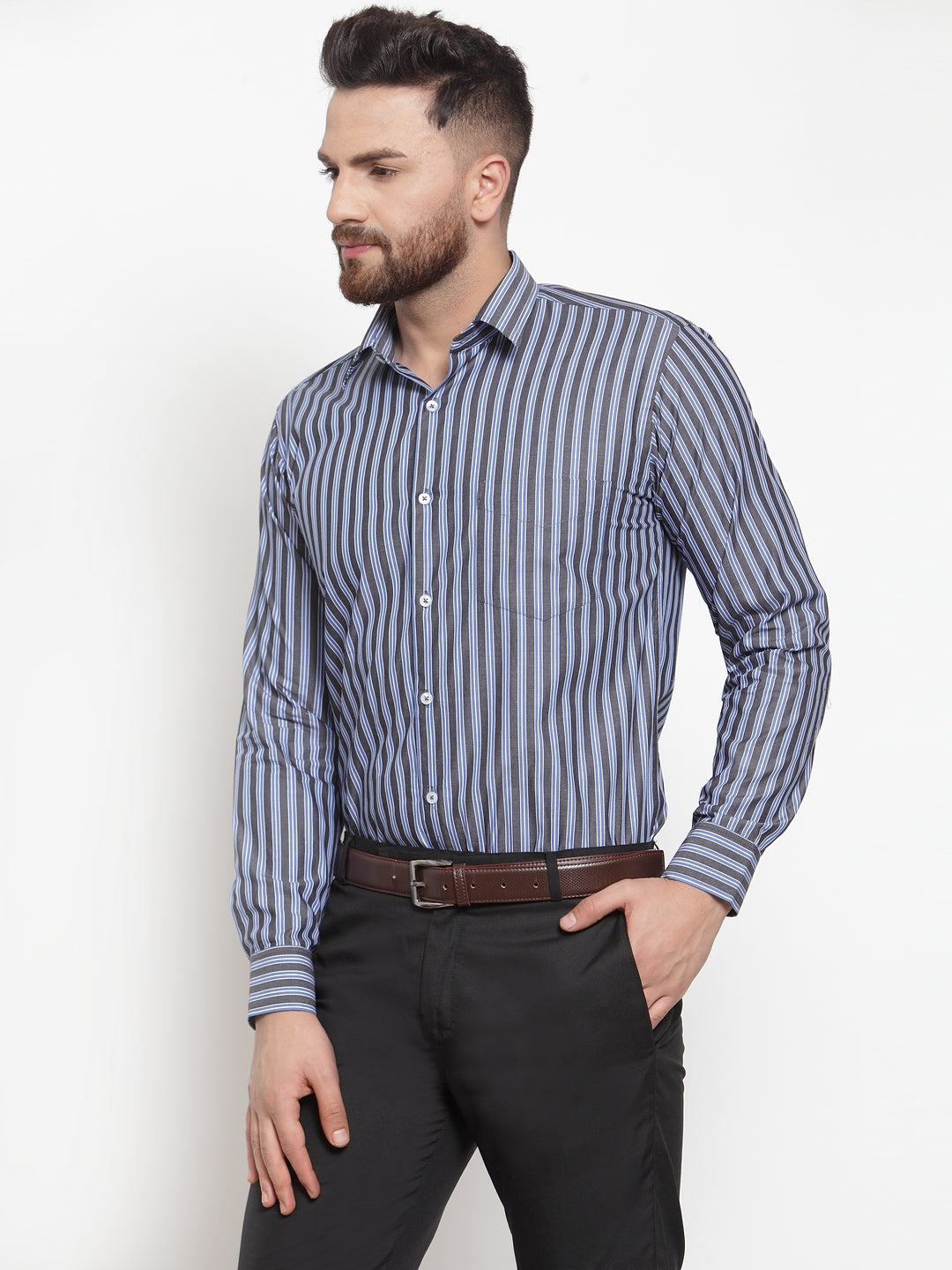 Men Grey & Blue Pure Cotton Striped Slim Fit Formal Shirt