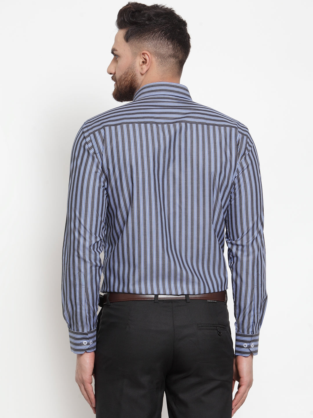 Men Grey & Blue Pure Cotton Striped Slim Fit Formal Shirt