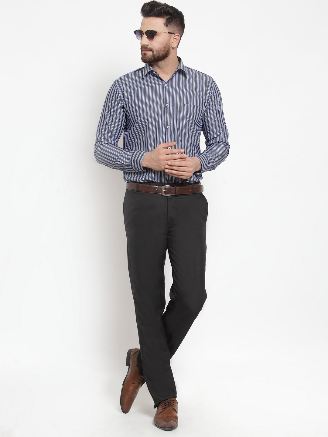 Men Grey & Blue Pure Cotton Striped Slim Fit Formal Shirt