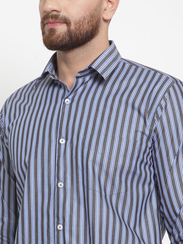 Men Grey & Blue Pure Cotton Striped Slim Fit Formal Shirt