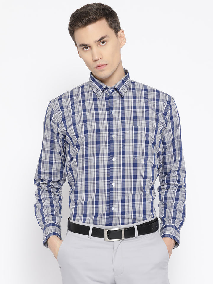Men Navy & Grey Pure Cotton Checked Slim Fit Formal Shirt