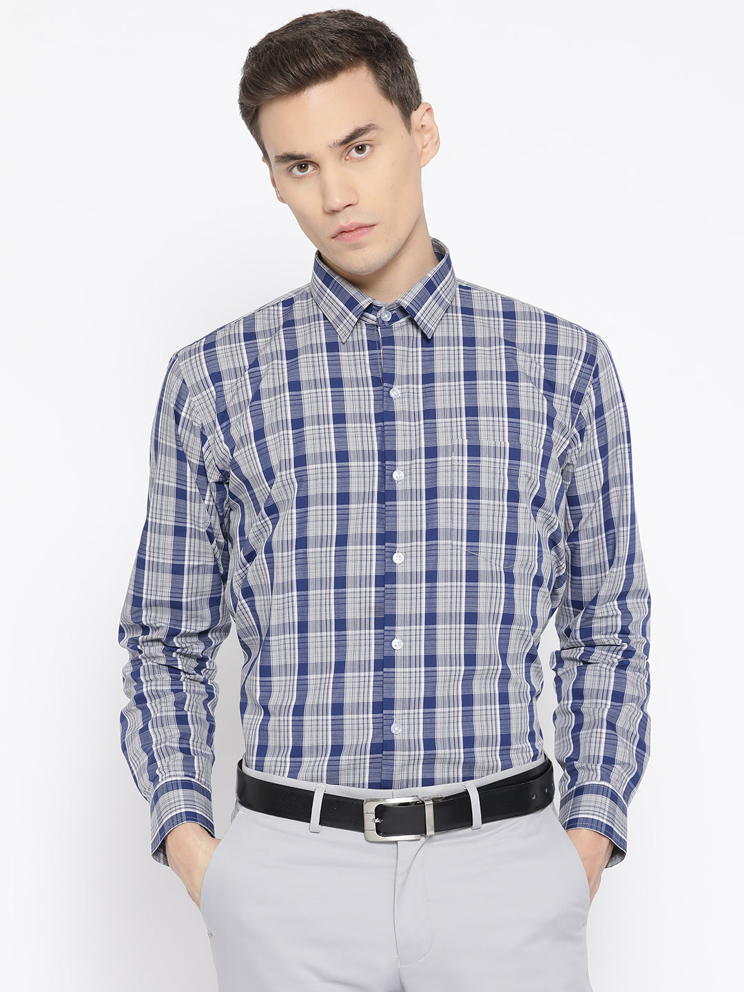 Men Navy & Grey Pure Cotton Checked Slim Fit Formal Shirt