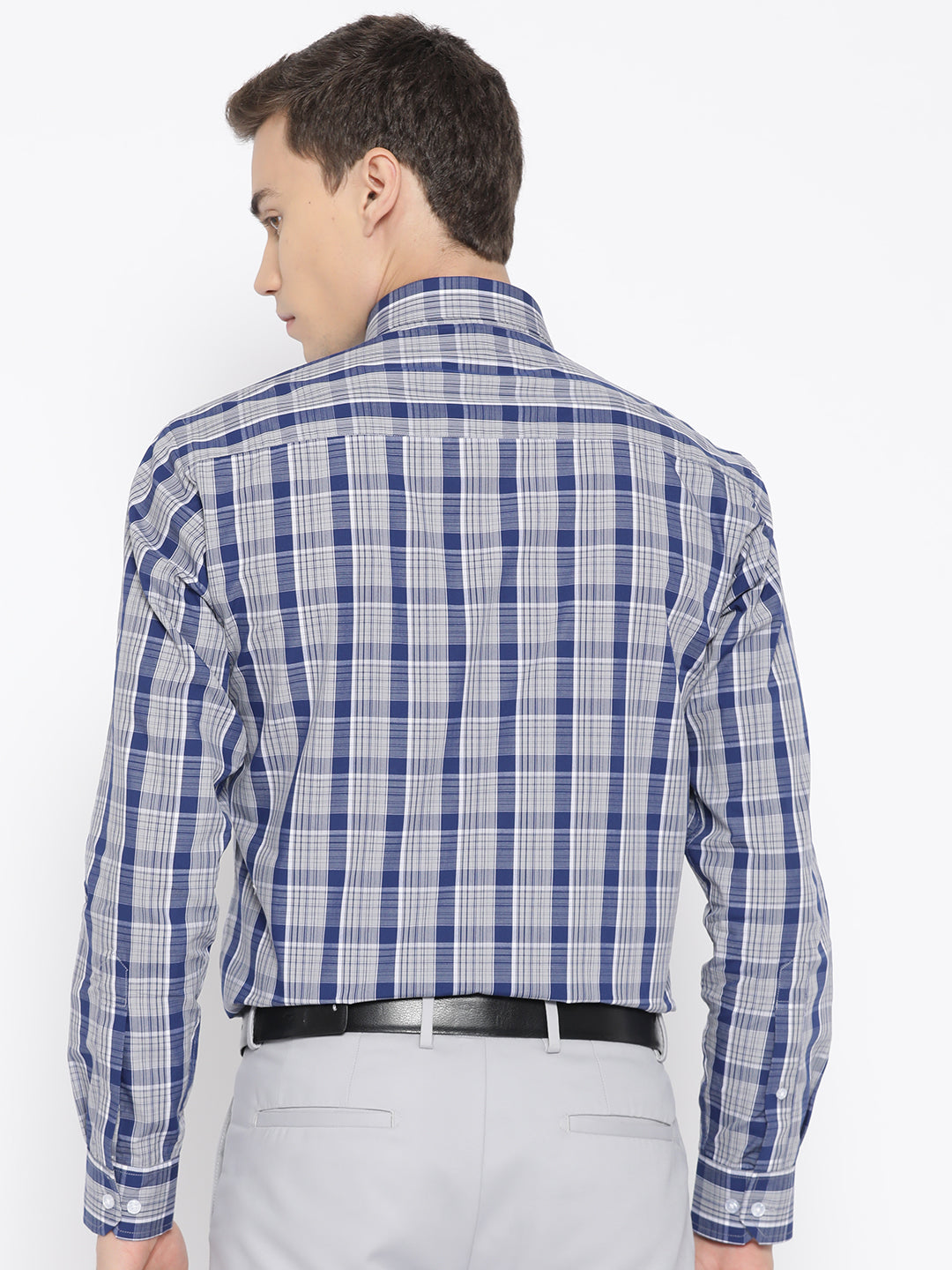 Men Navy & Grey Pure Cotton Checked Slim Fit Formal Shirt