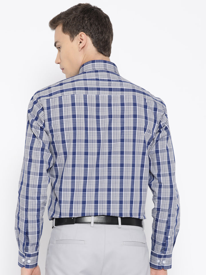 Men Navy & Grey Pure Cotton Checked Slim Fit Formal Shirt