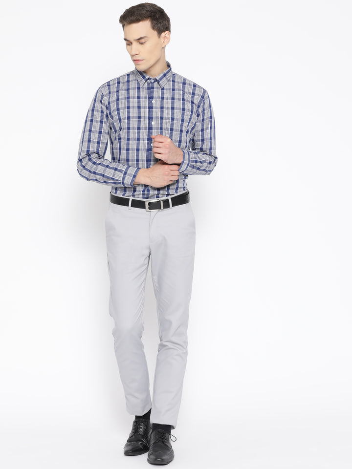 Men Navy & Grey Pure Cotton Checked Slim Fit Formal Shirt