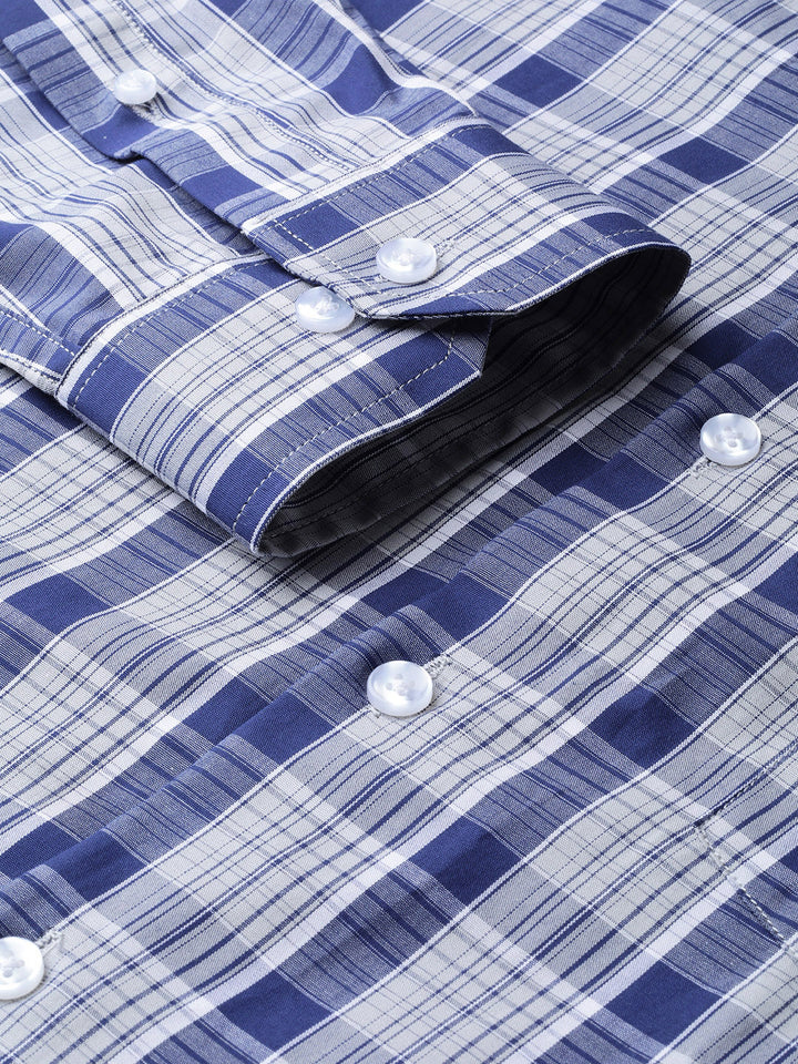 Men Navy & Grey Pure Cotton Checked Slim Fit Formal Shirt