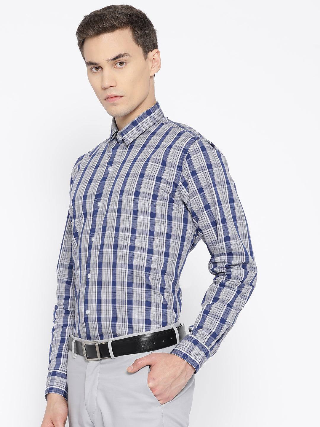 Men Navy & Grey Pure Cotton Checked Slim Fit Formal Shirt