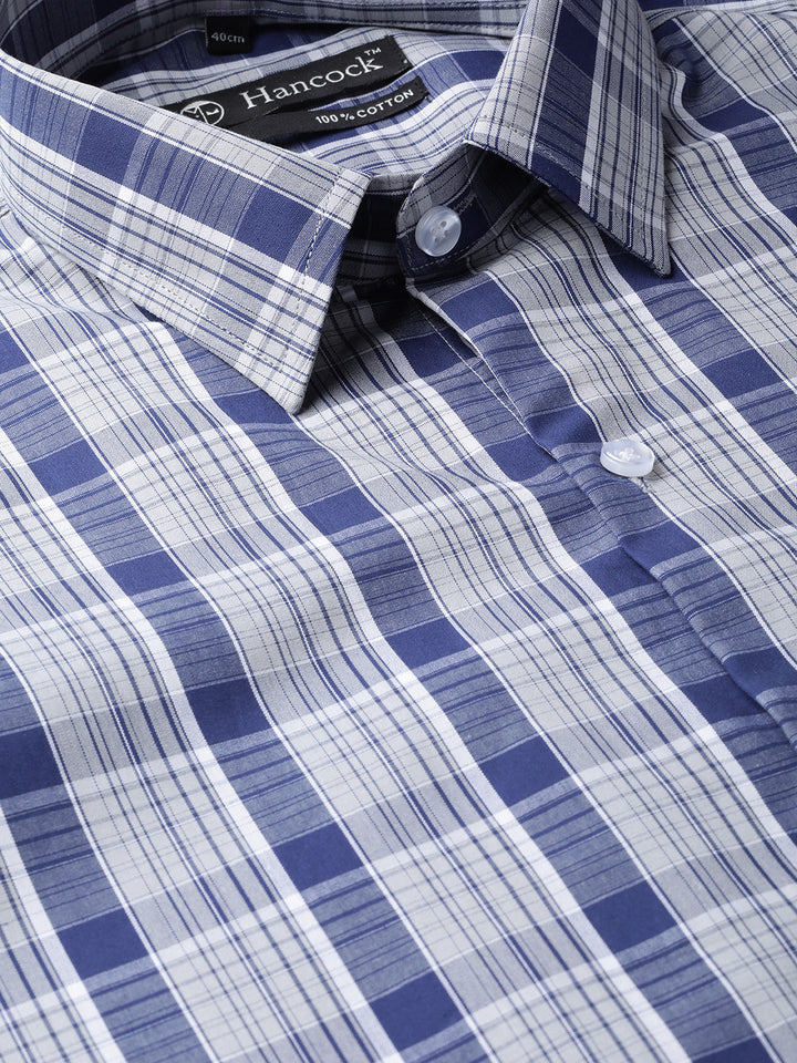 Men Navy & Grey Pure Cotton Checked Slim Fit Formal Shirt