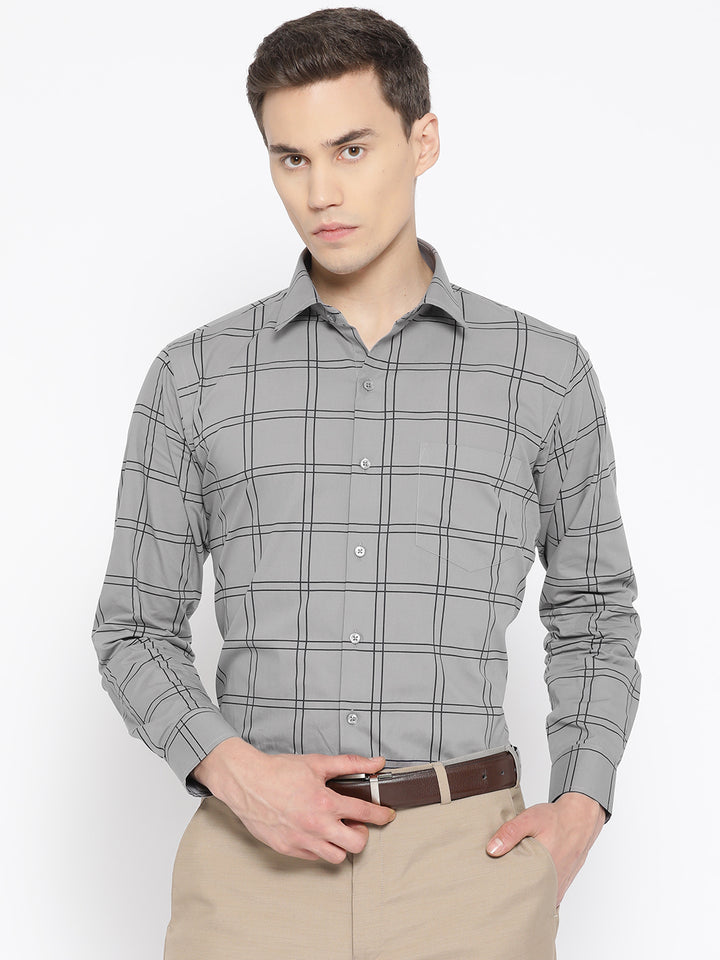 Men Grey Pure Cotton Checked Slim Fit Formal Shirt