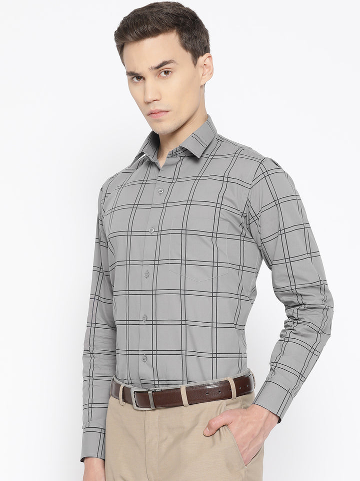 Men Grey Pure Cotton Checked Slim Fit Formal Shirt