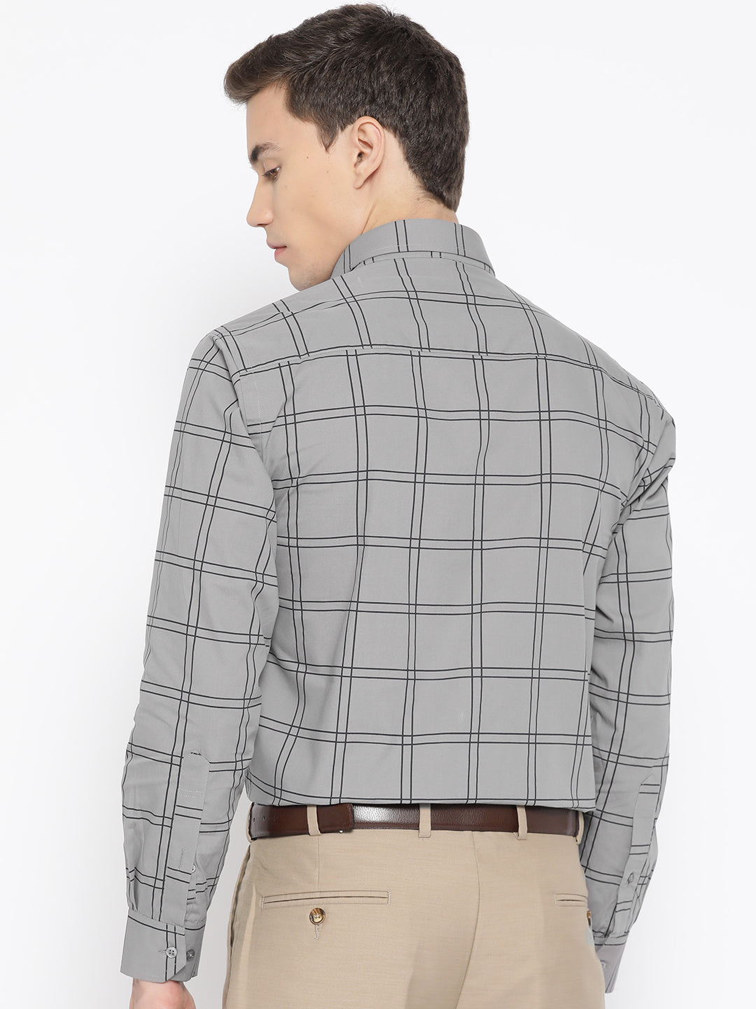 Men Grey Pure Cotton Checked Slim Fit Formal Shirt