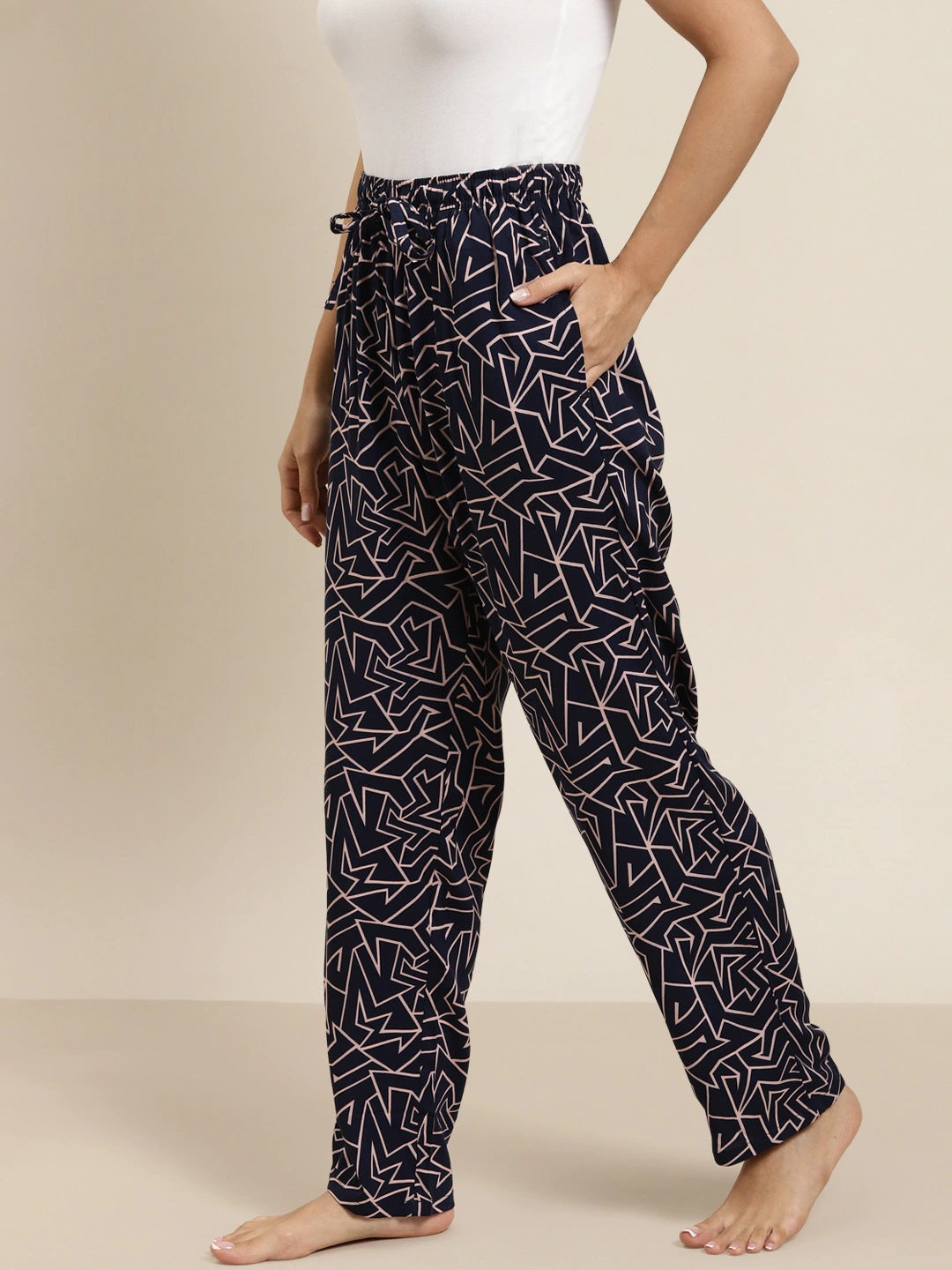Women Navy Prints Viscose Rayon Relaxed Fit Casual Lounge Pant