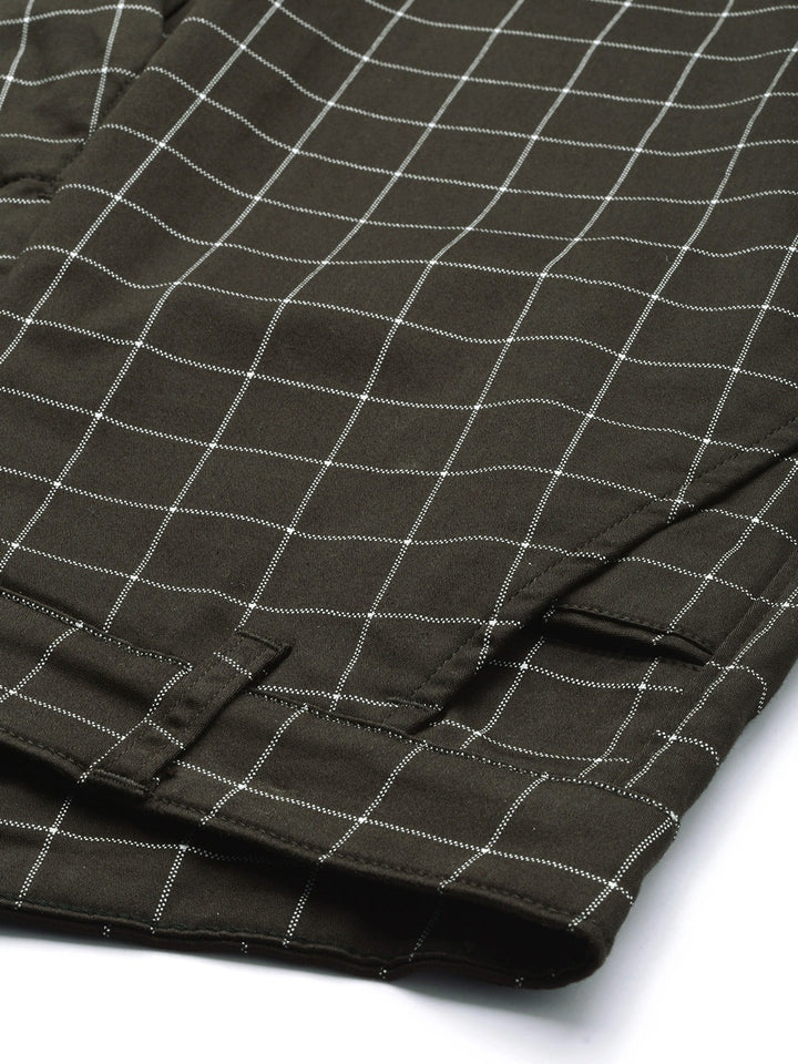 Men Brown Checks Cotton Elastene Slim Fit Formal Trouser