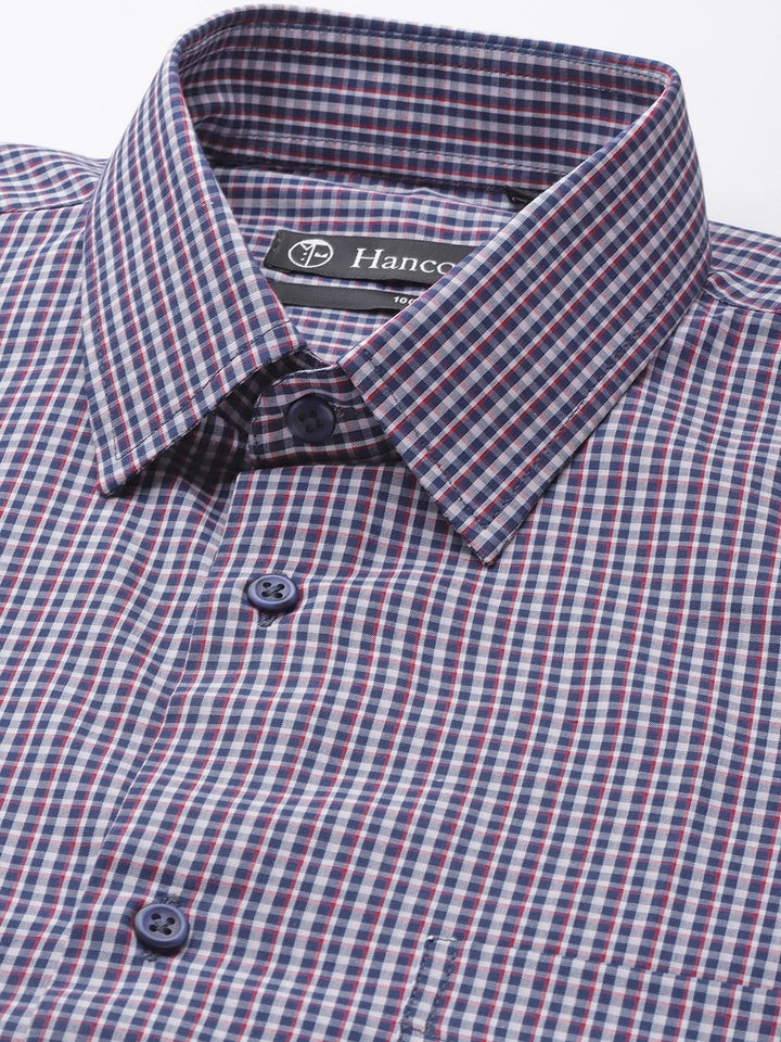 Men Navy & White Checks Pure Cotton Slim Fit Formal Shirt