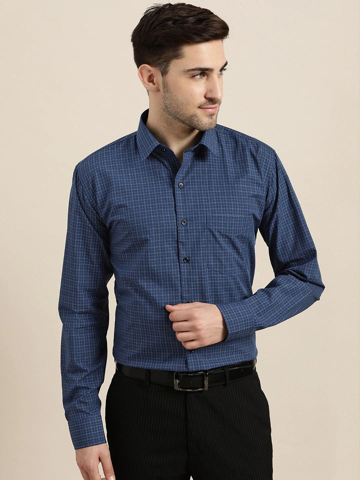 Men Navy Blue & Chack Checks Pure Cotton Slim Fit Formal Shirt