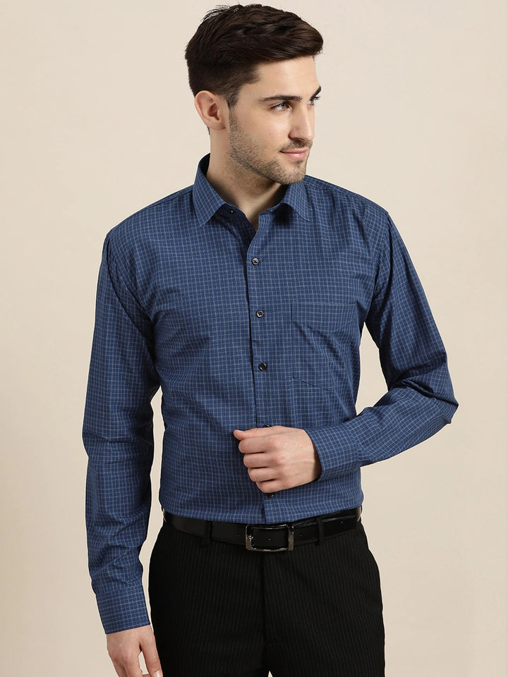 Men Navy Checks Pure Cotton Slim Fit Formal Shirt